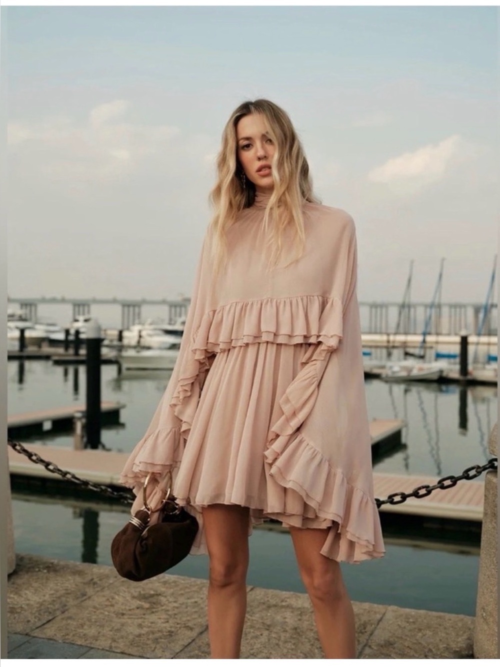 Commense Semi-Sheer Chiffon Ruffle Dress With Outer Cape - Picture 6 of 16